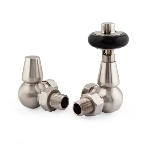 Pair of Windsor corner radiator valves in Satin Nickel, a thermostatic valve with black wheel head and a lockshield with a domed cap, on white.