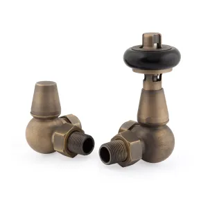 Pair of Windsor corner radiator valves in Natural Brass, a thermostatic valve with black head and a lockshield, on a white background.