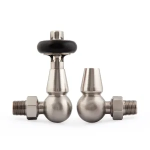 A pair of Windsor corner radiator valves in Satin Nickel, one with a black thermostatic head and one lockshield, on a white background.