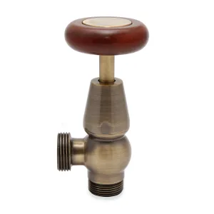 Windsor angled manual radiator valve in Antique Brass with a round wooden head and brass cap, shown on a white background.