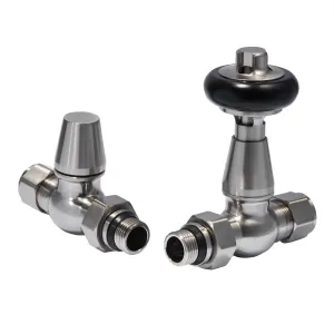 Pair of Windsor straight radiator valves in Satin Nickel: a thermostatic valve with black head and a capped lockshield, on white.