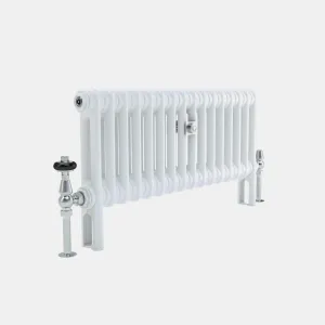 Low white Florence 2 column steel radiator on feet, angled view, with chrome thermostatic valve, lockshield valve and wall stay.