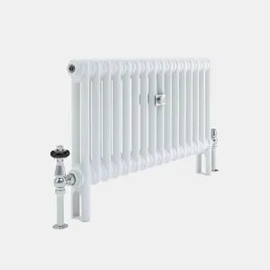 A plain white Florence 2 column steel radiator on feet, angled view, with a chrome thermostatic valve and lockshield valve on plain grey.
