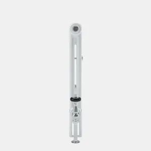 Side view of a white Florence 2 Column steel column radiator with a chrome angled valve, black head and floor pipe on a grey background.