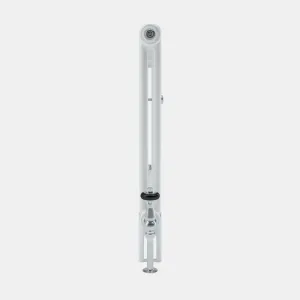 Side view of a white Florence 2 Column steel column radiator with a chrome angled valve with black ring and a chrome floor pipe at the base.