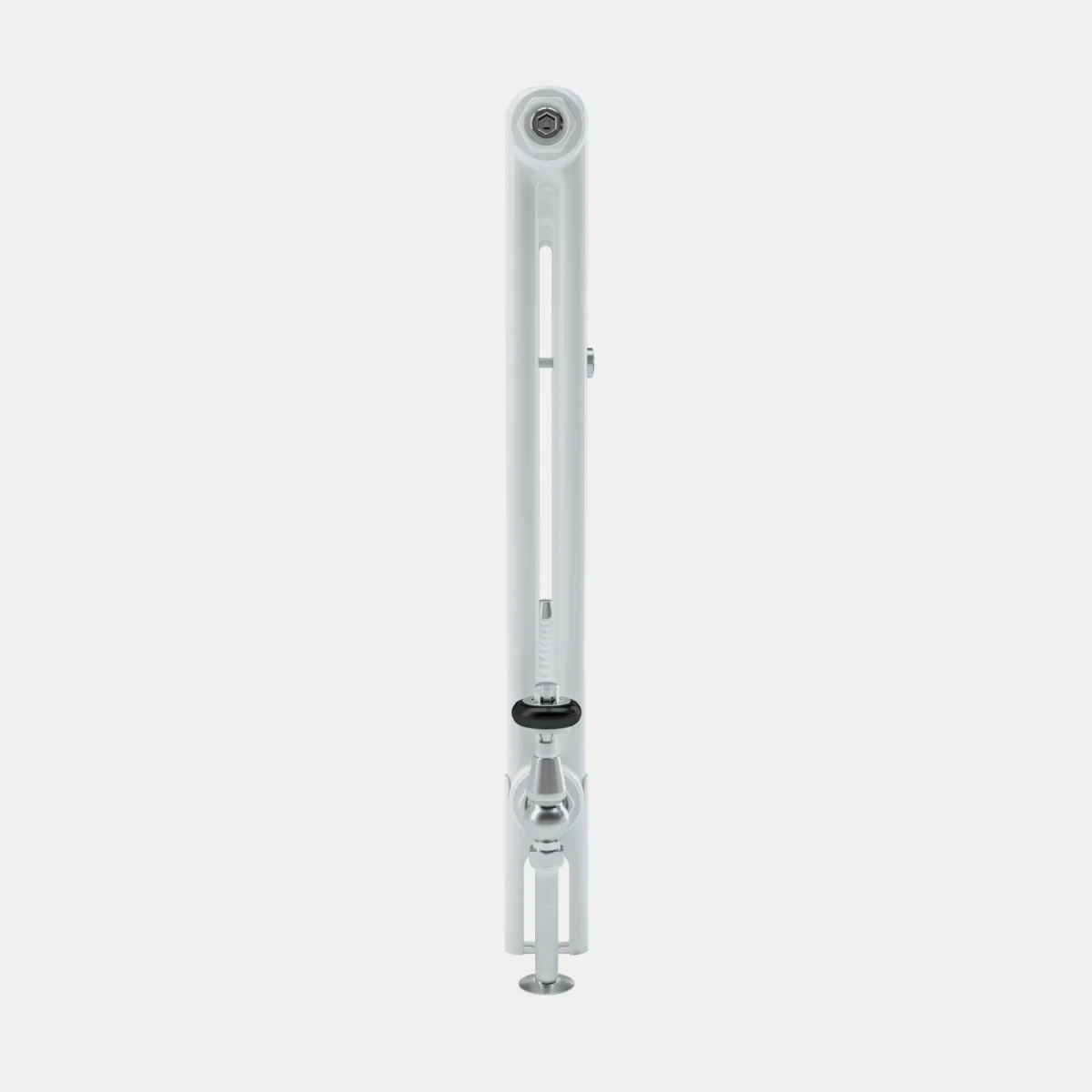 Side view of a white Florence 2 Column steel column radiator with a chrome angled valve with black ring and a chrome floor pipe at the base.
