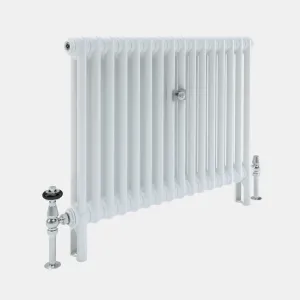 Florence 2 Column steel radiator in white, plain and straight, on its own feet, with chrome thermostatic and lockshield valves, on a grey background.