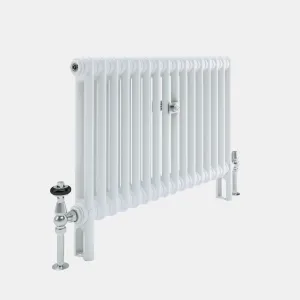 Florence 2 column steel radiator in white on feet, angled view, with chrome thermostatic and lockshield valves and a wall stay.