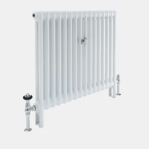 Florence 2 Column steel radiator in white on feet, with a chrome thermostatic valve, chrome lockshield valve and a central wall stay.
