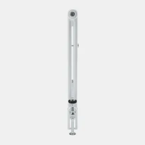 Side profile of a white Florence 2 Column steel radiator with a chrome angled valve, black wheel head and a wall stay at the back.