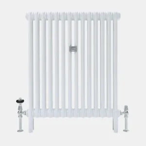 Florence 2 column steel radiator in white on integral feet, with chrome valves either side and a small wall stay plate at the centre.
