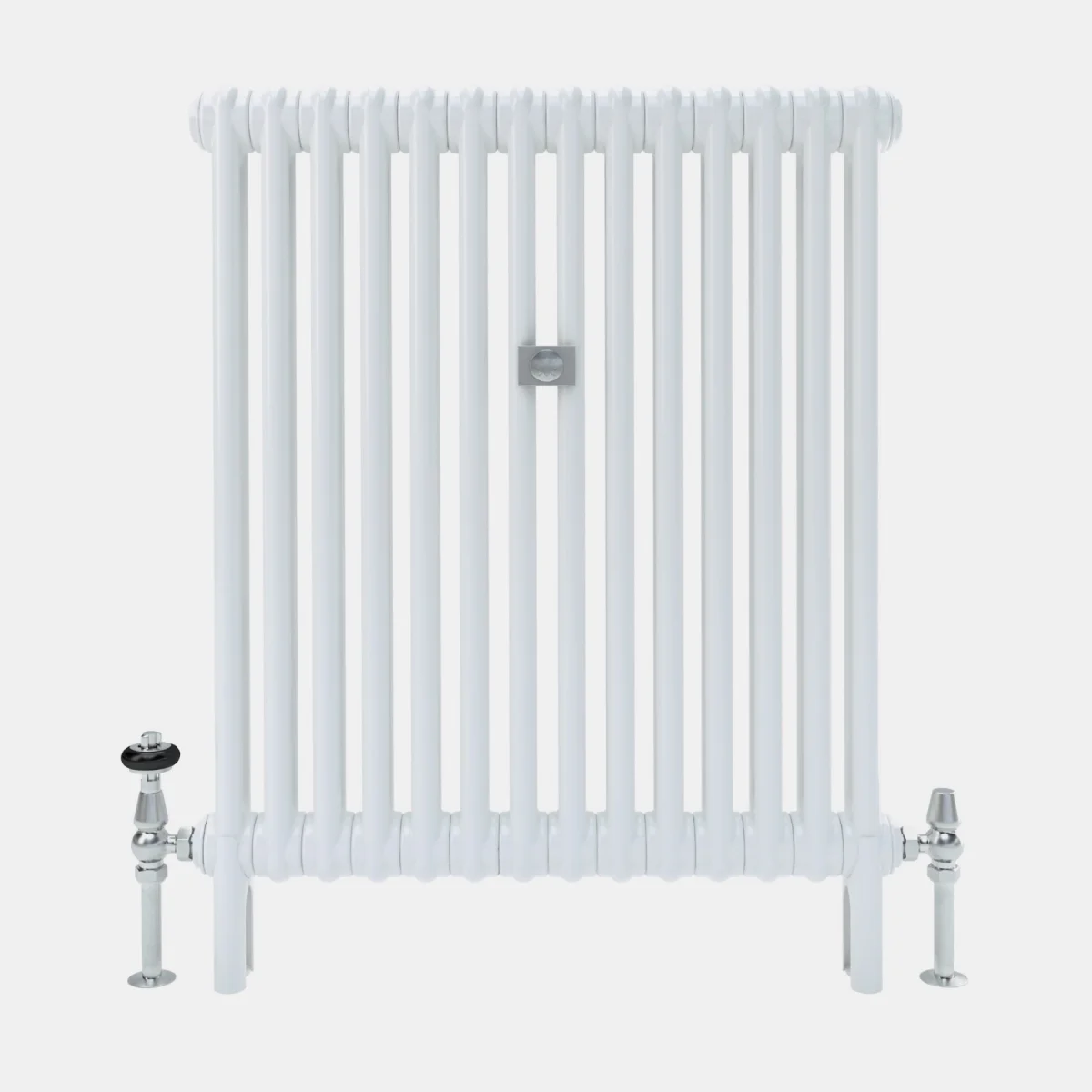 Florence 2 column steel radiator in white on integral feet, with chrome valves either side and a small wall stay plate at the centre.