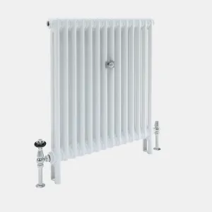 Plain white Florence 2 Column steel radiator on feet, with chrome angled valves and a central chrome wall stay, on a grey background.