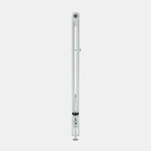 Side view of a white Florence 2 Column steel column radiator with a chrome valve, bleed plug and wall stay, on a plain grey background.