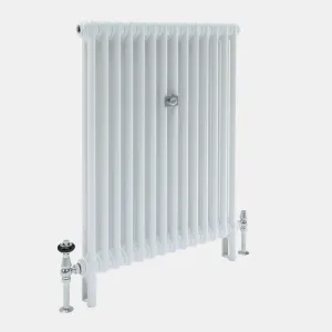 Plain white Florence 2 Column steel radiator on feet, angled view, with a central wall stay and chrome valves on chrome pipe shrouds.