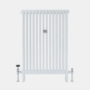Florence 2 Column steel radiator in white, plain tall sections on feet, with chrome valves on both ends, one with a black head.