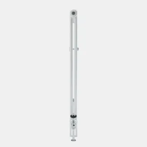 Side view of a white Florence 2 Column steel radiator with a wall stay halfway up and a chrome valve at the base, on a plain grey background.