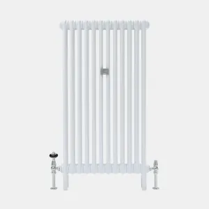 Tall, plain white Florence 2 Column steel radiator on feet, with a central wall stay and chrome valves at each end, on a pale grey background.