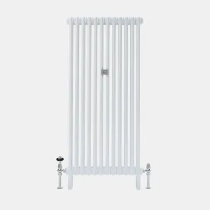 Tall white Florence 2 Column steel radiator with 11 sections on feet, chrome angled valves at each end and a central wall stay.