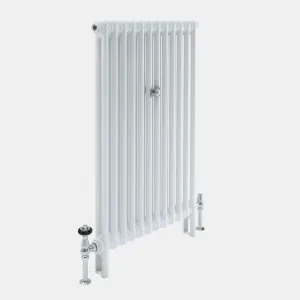 Florence 2 Column steel radiator in white, standing on feet, with chrome valves at each end and a wall stay, shown at an angle on grey.