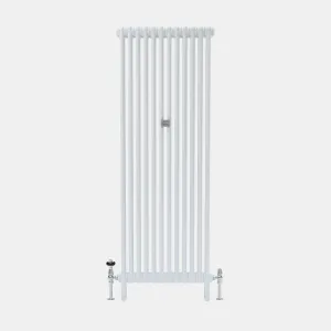 Tall Florence 2 Column steel radiator in white on feet, with chrome angled valves, a black-topped valve head and a central wall stay.