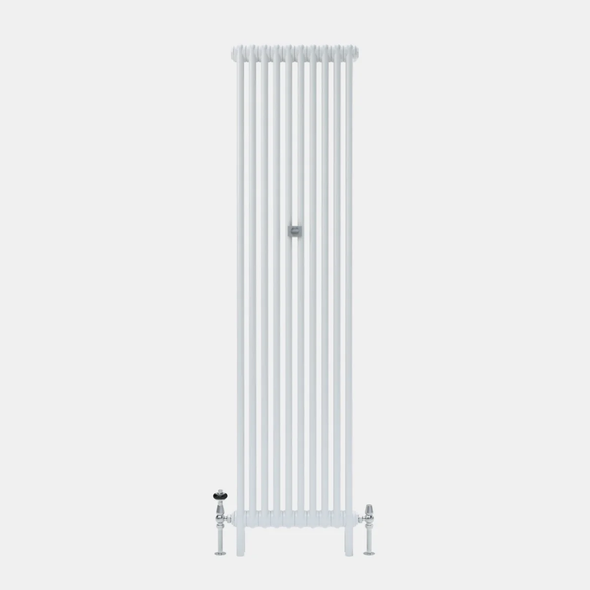 Tall white Florence 2 Column steel radiator on feet, front view, with chrome thermostatic and lockshield valves and a central wall stay.
