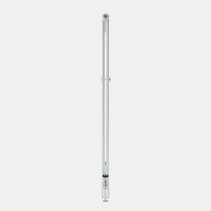 Side view of a tall white Florence 2 Column steel radiator with a chrome valve at the base and a central wall stay, on a plain grey background.