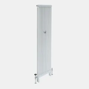 Tall plain Florence 2 Column steel radiator in white, standing on feet, with chrome valves, a black-topped wheelhead and a central wall stay.