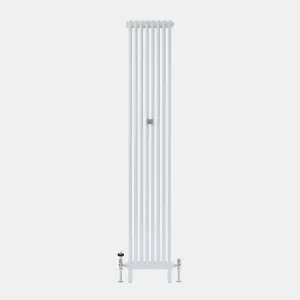 Tall, plain Florence 2 Column steel radiator in white with eight sections, a central wall stay and chrome valves at the base.