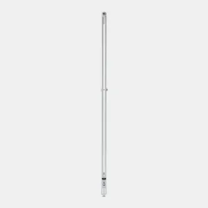 Side view of a tall, slim Florence 2 Column steel radiator in white, with a wall stay halfway up and a valve at the base, on a plain grey background.