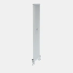 A tall, narrow Florence 2 Column steel radiator in white on feet, with a central wall stay and chrome valves at the base.