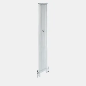 Tall, narrow Florence 2 Column steel radiator in white with eight sections, a central wall stay and chrome valves at the base.
