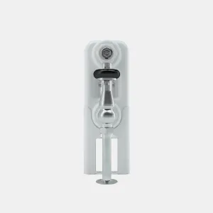 End view of a white Florence 3 Column steel radiator with a chrome angled valve and a pipe running down to a floor plate, on a grey background.