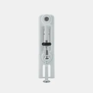 Side view of a white Florence 3 Column steel radiator with a chrome angled valve, black wheel head and floor-mounted pipe, on a plain background.