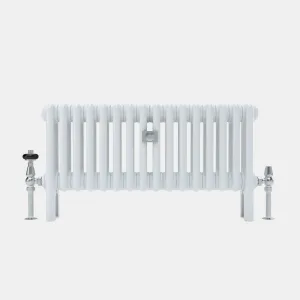 White Florence 3 Column steel radiator on feet, with a chrome thermostatic valve on the left and a chrome lockshield valve on the right.
