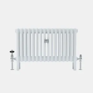 Florence 3 column steel radiator in white on feet, front view, with chrome thermostatic and lockshield valves and a central wall stay.