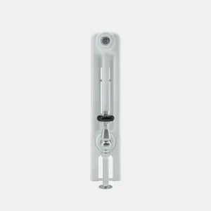 Side view of a white Florence 3 column steel radiator with a chrome angled valve with black handle and a floor-mounted pipe, on a plain grey background.