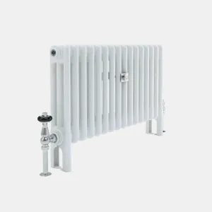 Florence 3 column steel radiator in white on feet, with a chrome angled valve and black handwheel, shown at an angle on a plain background.