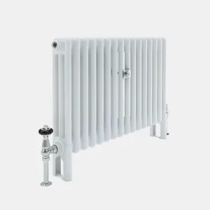White Florence 3 column steel radiator on feet, angled view, with a chrome thermostatic valve, black collar and chrome lockshield valve.