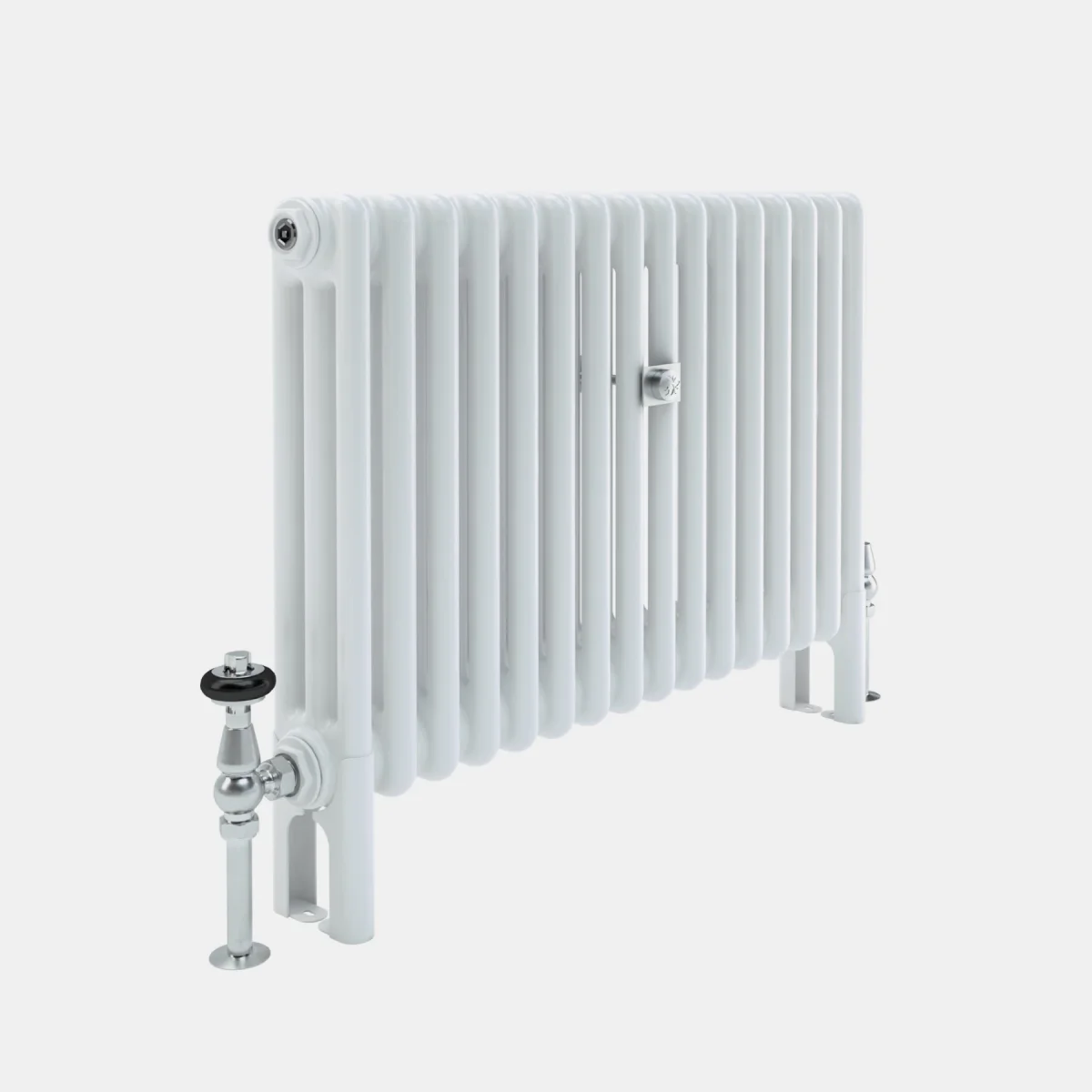 White Florence 3 column steel radiator on feet, angled view, with a chrome thermostatic valve, black collar and chrome lockshield valve.