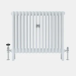 Plain white Florence 3 Column steel radiator on feet, front view, with a chrome thermostatic valve on the left and a chrome lockshield valve on the right.
