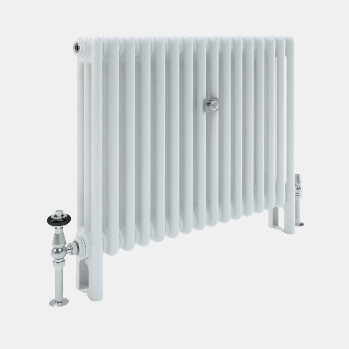 Florence 3 column steel radiator in white on floor-mounted feet, with chrome thermostatic and lockshield valves and a wall stay.