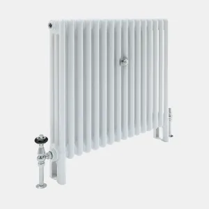 White Florence 3 Column steel radiator with plain tubular columns on feet, chrome angled valves and a chrome wall stay, angled view.