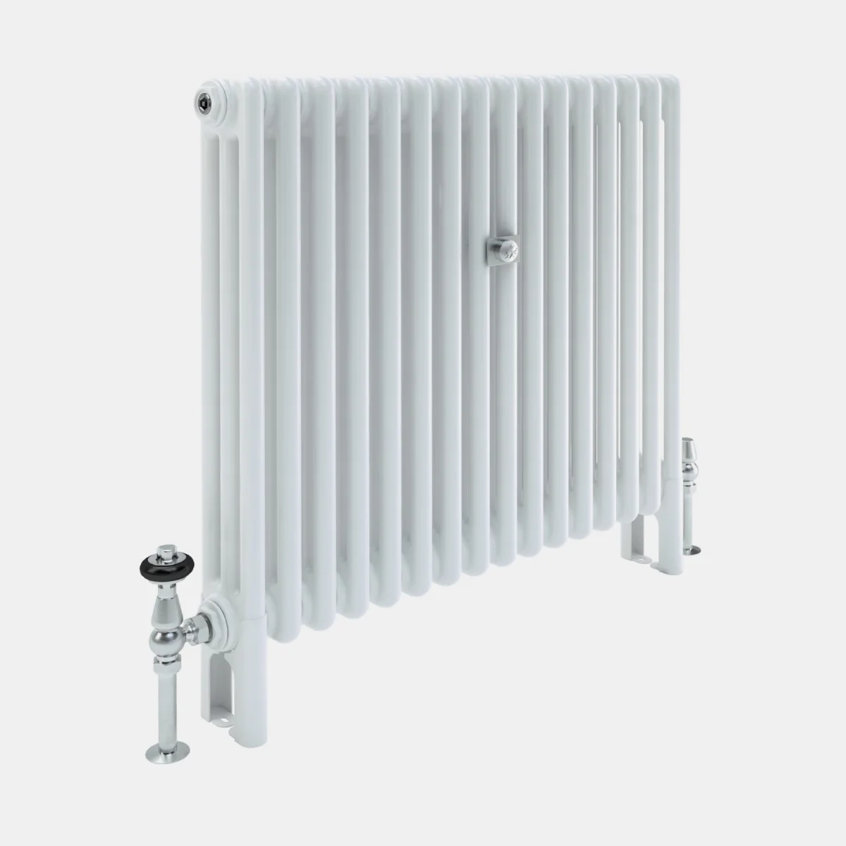 White Florence 3 Column steel radiator with plain tubular columns on feet, chrome angled valves and a chrome wall stay, angled view.