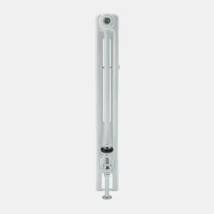 End view of a plain white Florence 3 Column steel radiator with a chrome angled valve and pipe running down to the floor.