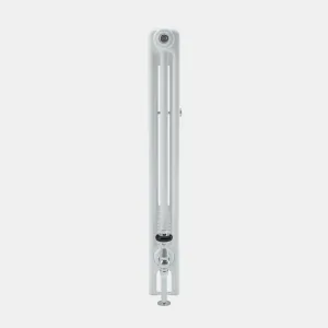 Side view of a white Florence 3 column steel radiator with a chrome angled valve and pipe running down to the floor, on a plain grey background.