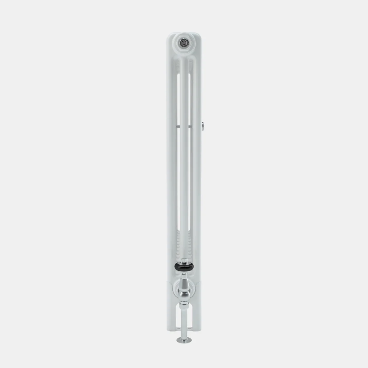 Side view of a white Florence 3 column steel radiator with a chrome angled valve and pipe running down to the floor, on a plain grey background.