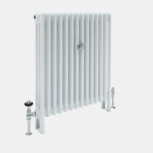 A plain white Florence 3 Column steel radiator on feet, shown at an angle with chrome valves at each end on a pale grey background.