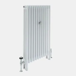 Tall Florence 3 Column steel radiator in white, standing on feet, with a central wall stay and chrome valves at each end.
