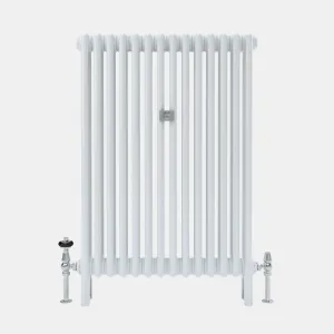 Florence 3 Column steel radiator in white on feet, with a chrome thermostatic valve on the left, a chrome valve on the right and a central wall stay.
